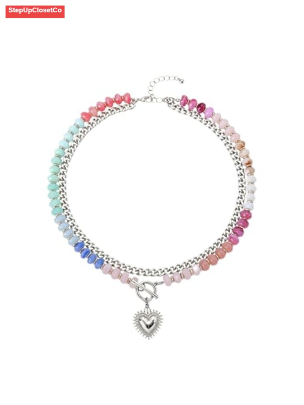 Boho Rainbow Beaded Heart Pendant Necklace Double Layer Cuban Chain Statement